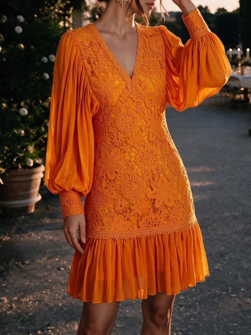 Orange Elegant Asymmetrical Contrast Lace Ruffle Hem Bishop Sleeve Fitted Dress
